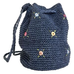 Boho Straw Crochet Drawstring Backpack Blue Floral Cottagecore Hippie Bucket Bag